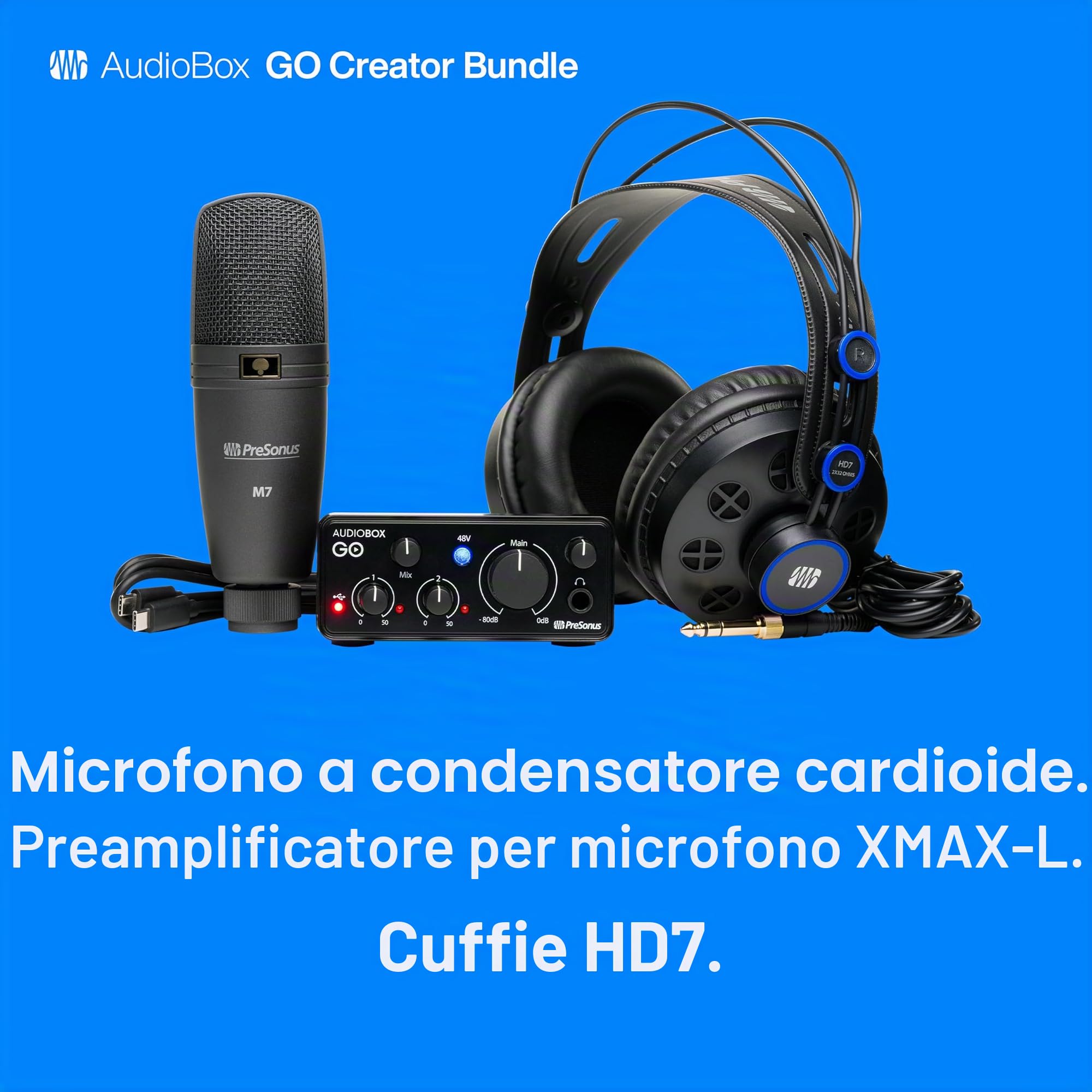 PreSonus AudioBox Go Creator Set completo di registrazione in studio con interfaccia USB Audio 96K, microfono a condensatore, cuffie di monitoraggio professionali e software DAW Studio One Pro