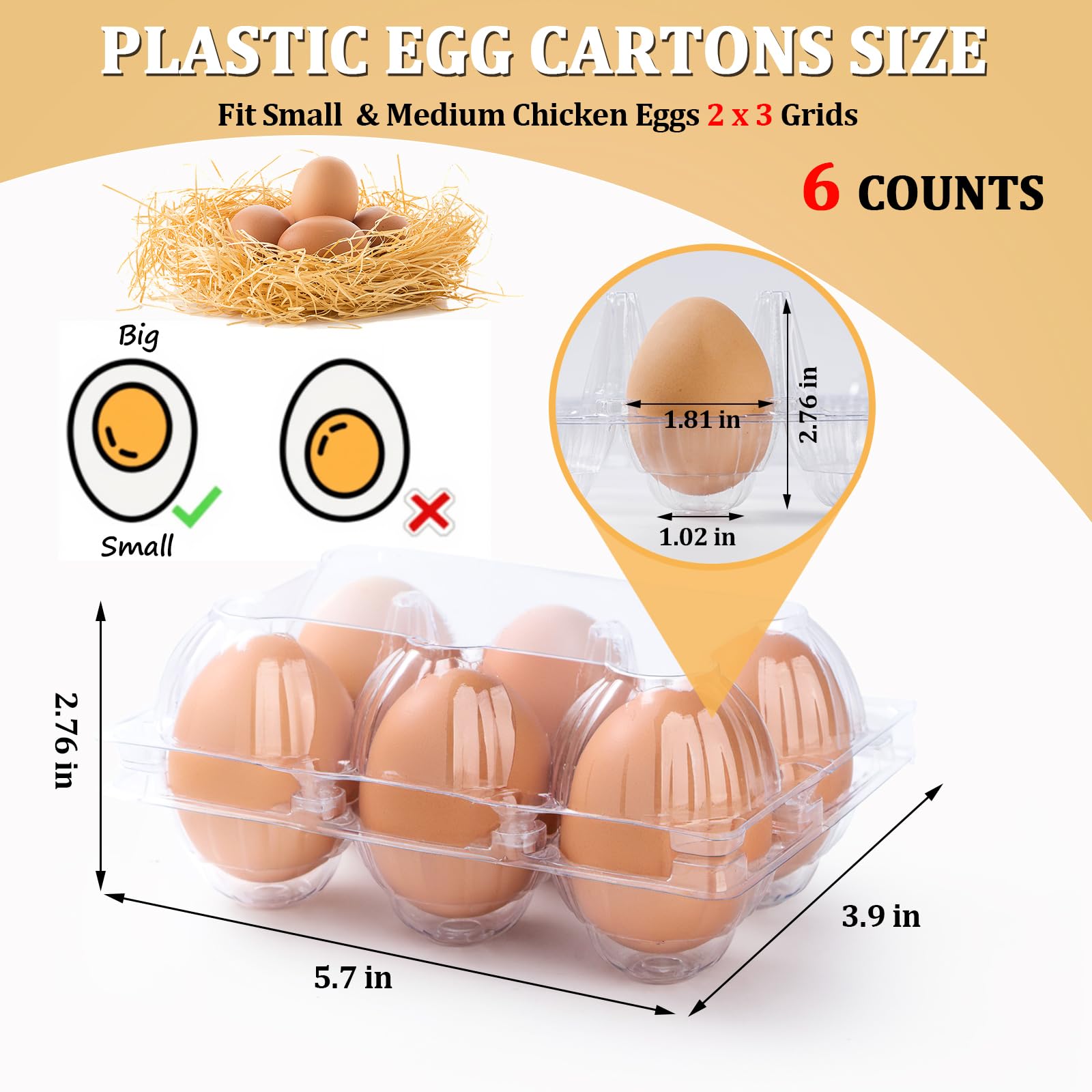 200 cartoni per uova in plastica trasparente, 6 pezzi, mezza dozzina di cartoni per uova di gallina, porta uova riutilizzabili per famiglia, pascoli, mercati agricoli, contenitori medi per