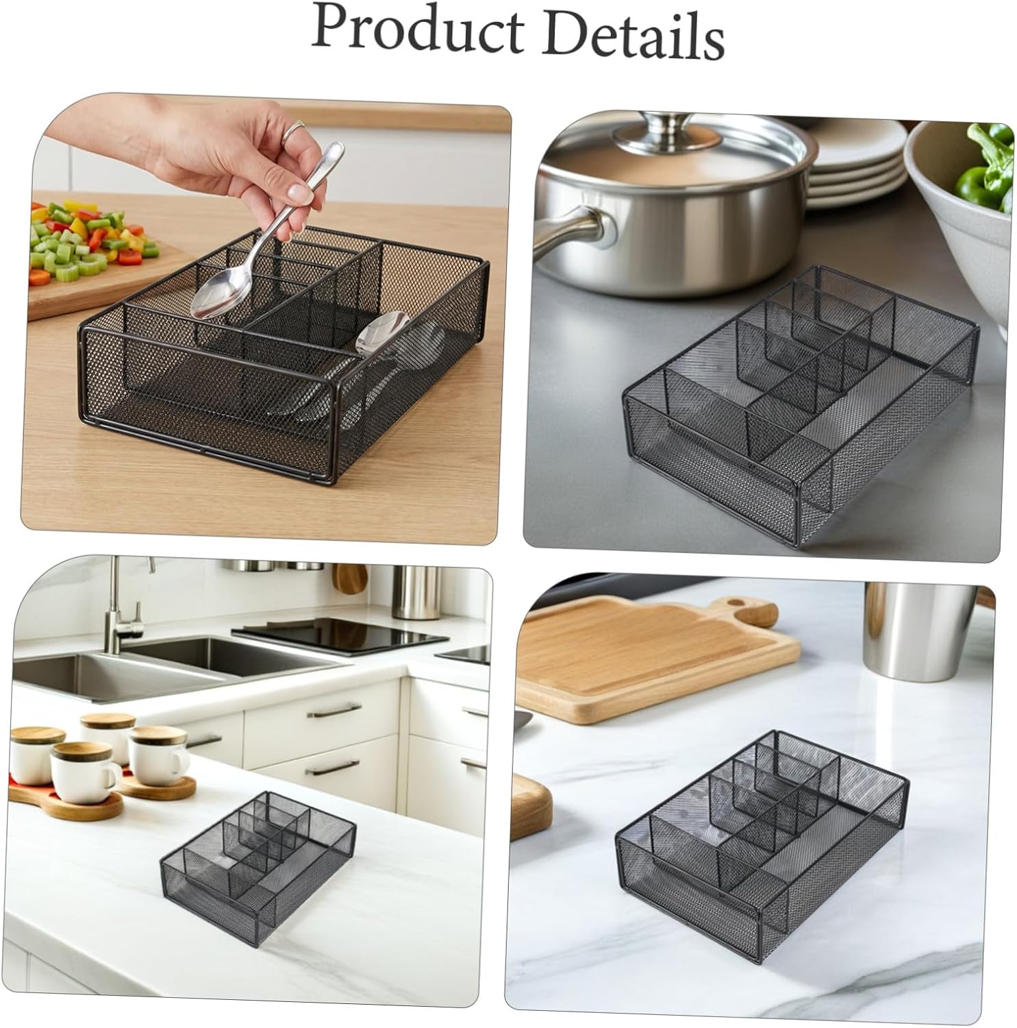 Zerodeko Metal Kitchen Cutlery and Seasoning Rack, Countertop Storage Shelf with 6 Compartments, Black Metal Kitchen Shelf Organizer for Utensils and Spice Bottles