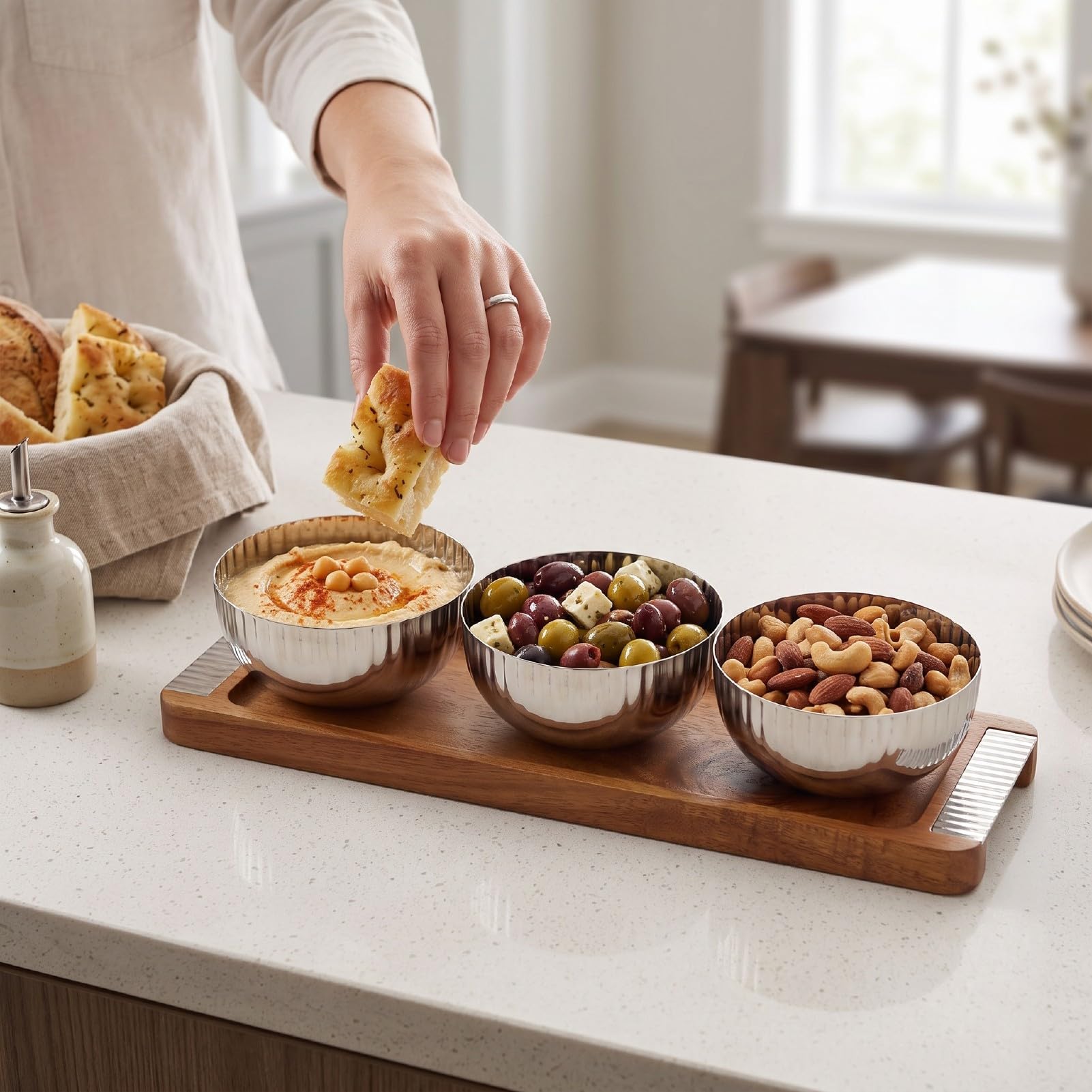 Plateau de Service en Noyer 3 Bols avec Inserts en INOX, pour