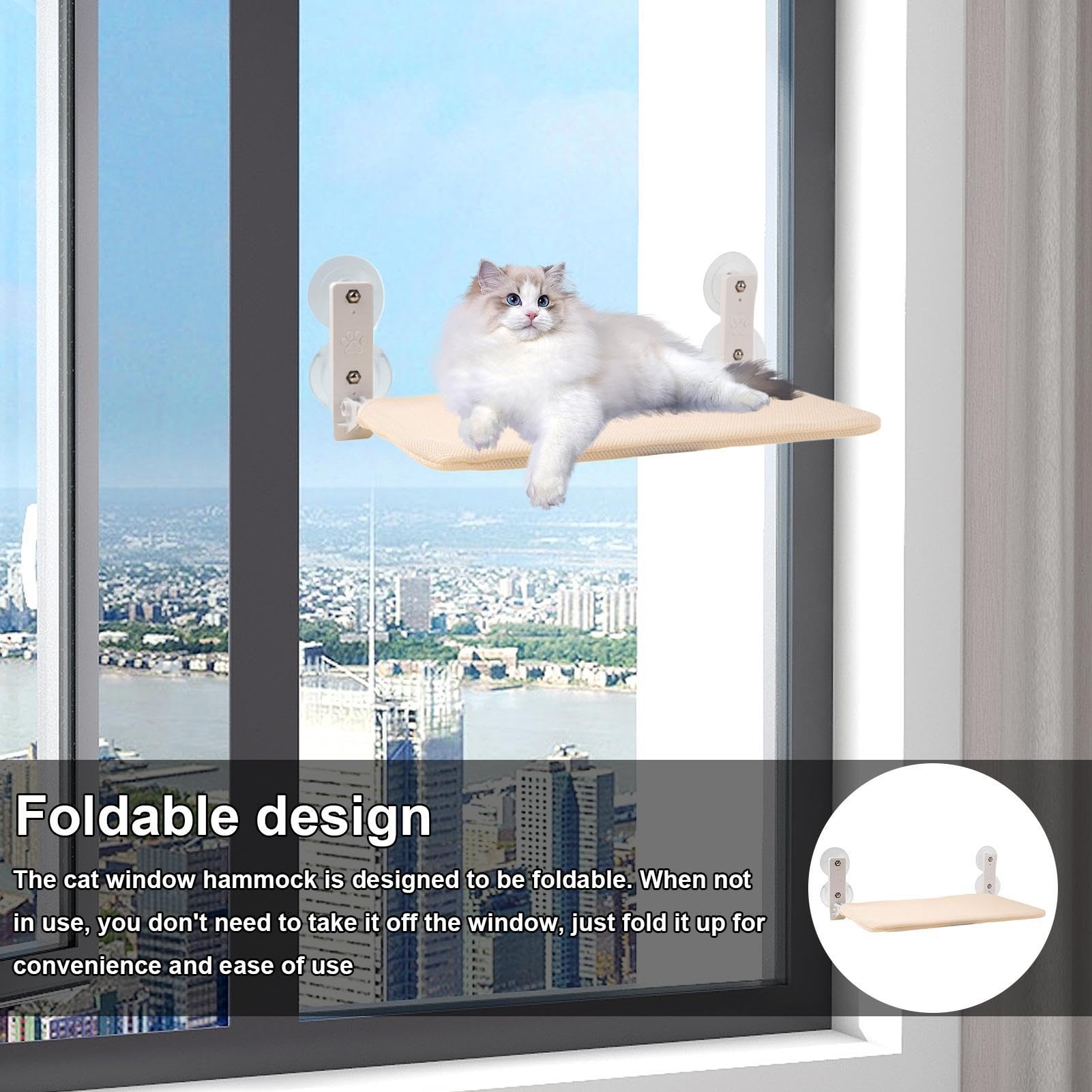 Cordless Cat Window Perch - Cat Wall Hammock with 4 Suction Cups | Foldable Cat Window Hammock | Cat Hammock Bed | Cat Bed Seat for Windowsill, Bedside, Drawer and Cabinet