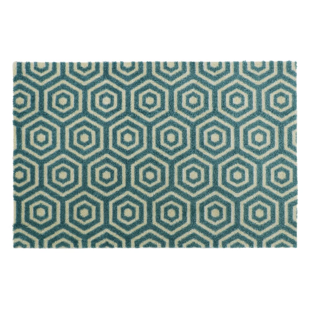 JVL Mega Door Mat 50 x 75 cm - Geo Hex Design - Blue - Nylon Pile with Latex Backing