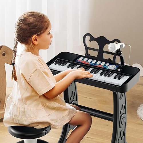 Miniatura 9 de HONEY JOY Piano para niños, piano de teclado negro de 37 teclas para niños con soporte de música y banco, piano de cola de bebé de juguete con