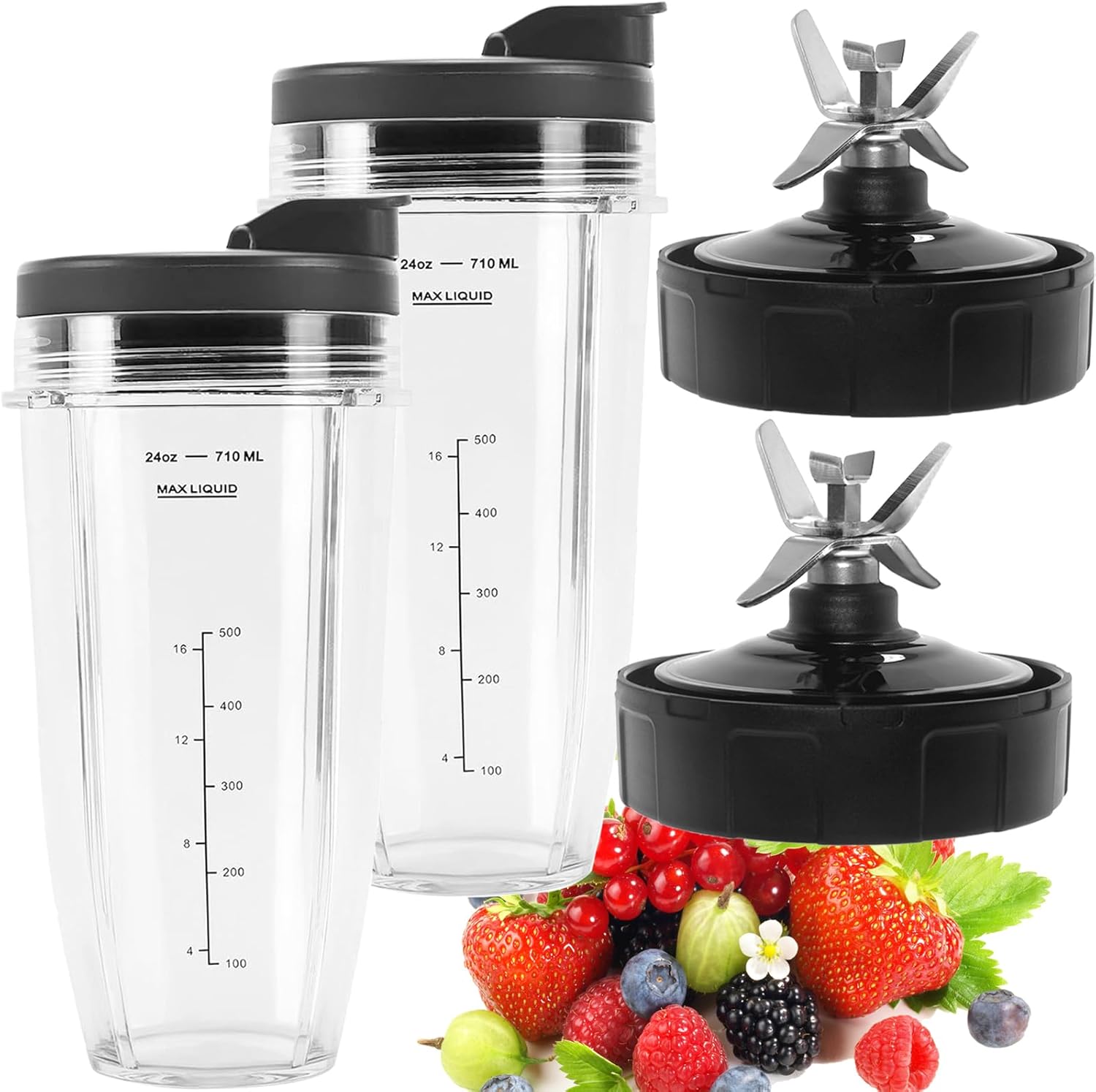 2 Packs Blender Replacement Parts 24oz Ninja Blender Cups with To-Go Lids, 7 Fins Extractor Blade Compatible with Nutri Ninja Auto iQ Blenders BL480-30 BL640-30 BL642-30 BN401 BN751 BN801 NN102 BL2012
