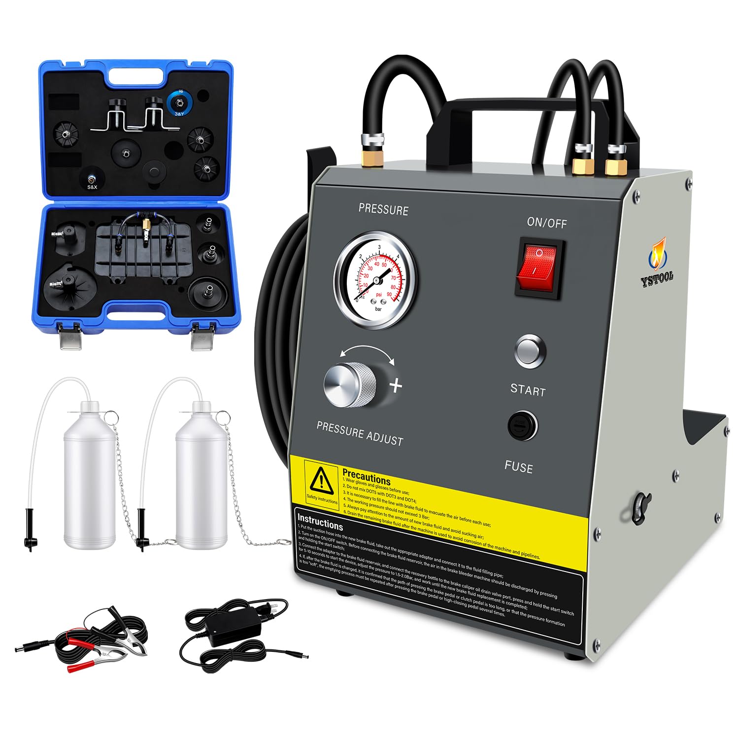 YSTOOL Kit de máquina de purga de freno de pulso eléctrico con 110 V CA y 12 V CC de doble propósito, unidad de purga de embrague, kit adaptador de cilindro maestro, botellas de aceite residual
