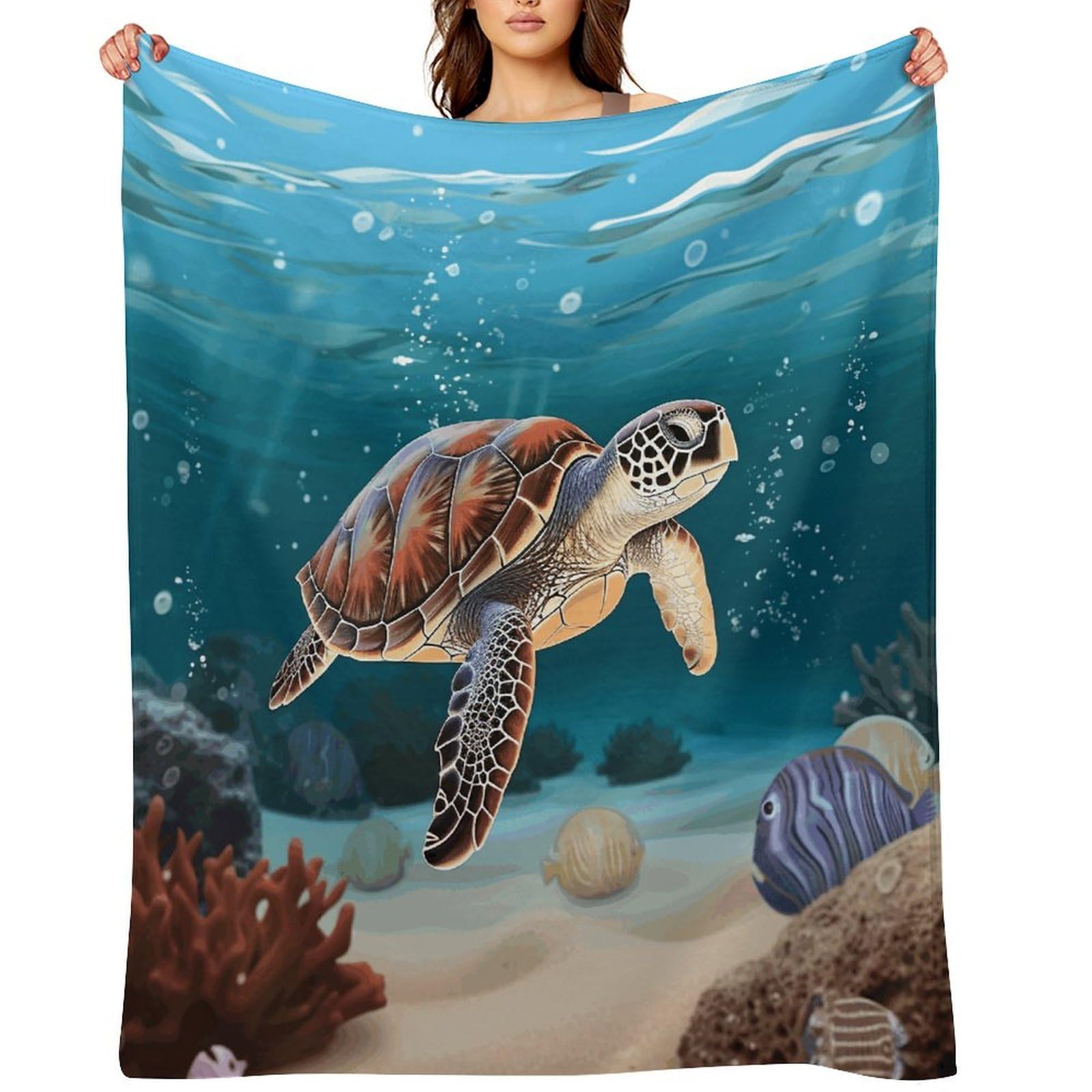 Flannel Fleece Throw Blanket - 40"x50" Super Soft Plush,Lightweight Wrinkle Resistant Cozy Sea Turtle Swimming Blanket for Couch Sofa Bed Travel Camping and Gift