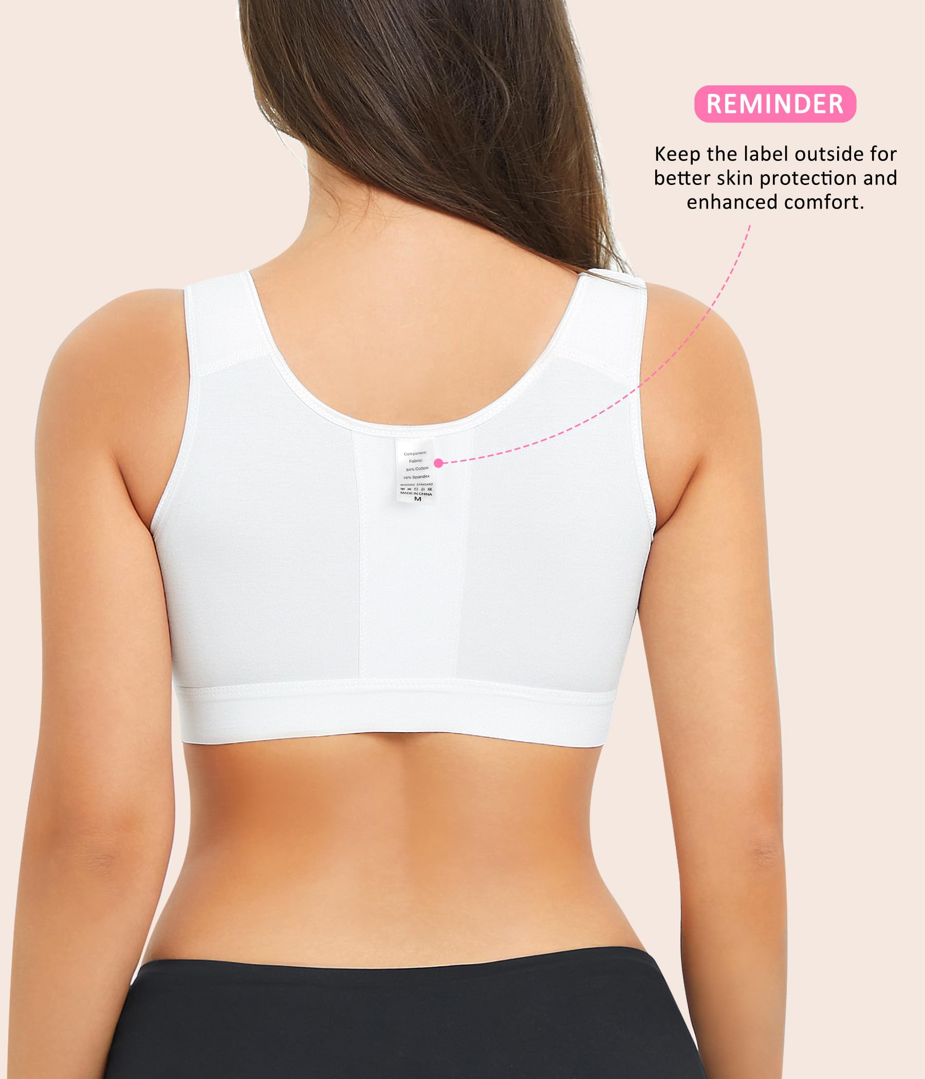 BRABIC Sujetador diario con cierre frontal y cremallera para mujer, soporte de compresión postoperatorio, con correas ajustables, sin varillas, Negro + blanco, paquete de 2, X-Small