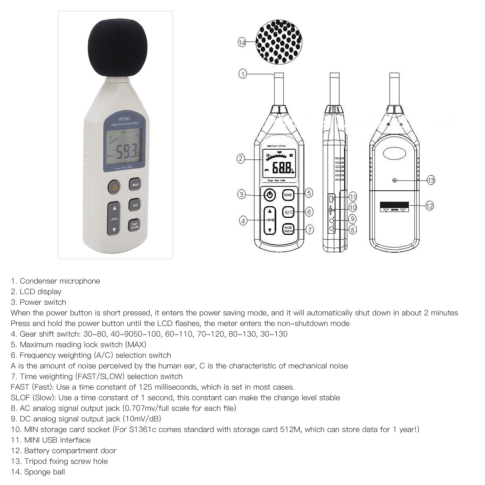 ANKROYU HY-1361 Noise Meter, ABS Handheld LCD Screen Decibel Monitor, Digital Sound Level Meter, Sound Level Tester for Factories Schools Shopping Malls