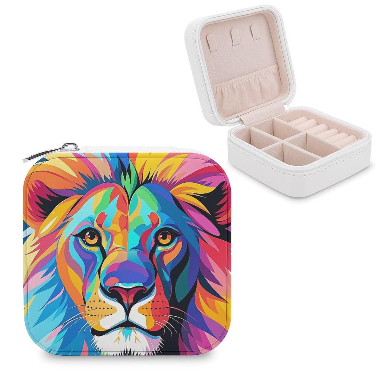 FekiLoot Colorful Lion Jewelry Case Personalized Leather Jewelry Box Mini Travel Jewelry Case Small Portable Jewelry Organizer for Ring Earrings Necklace Bracelet
