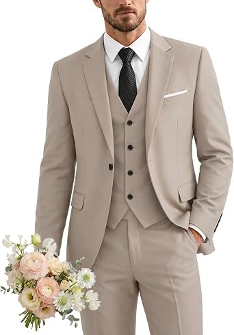 YND Men's 3 Piece Suit with Tie, One Button Solid Jacket Vest and Pants