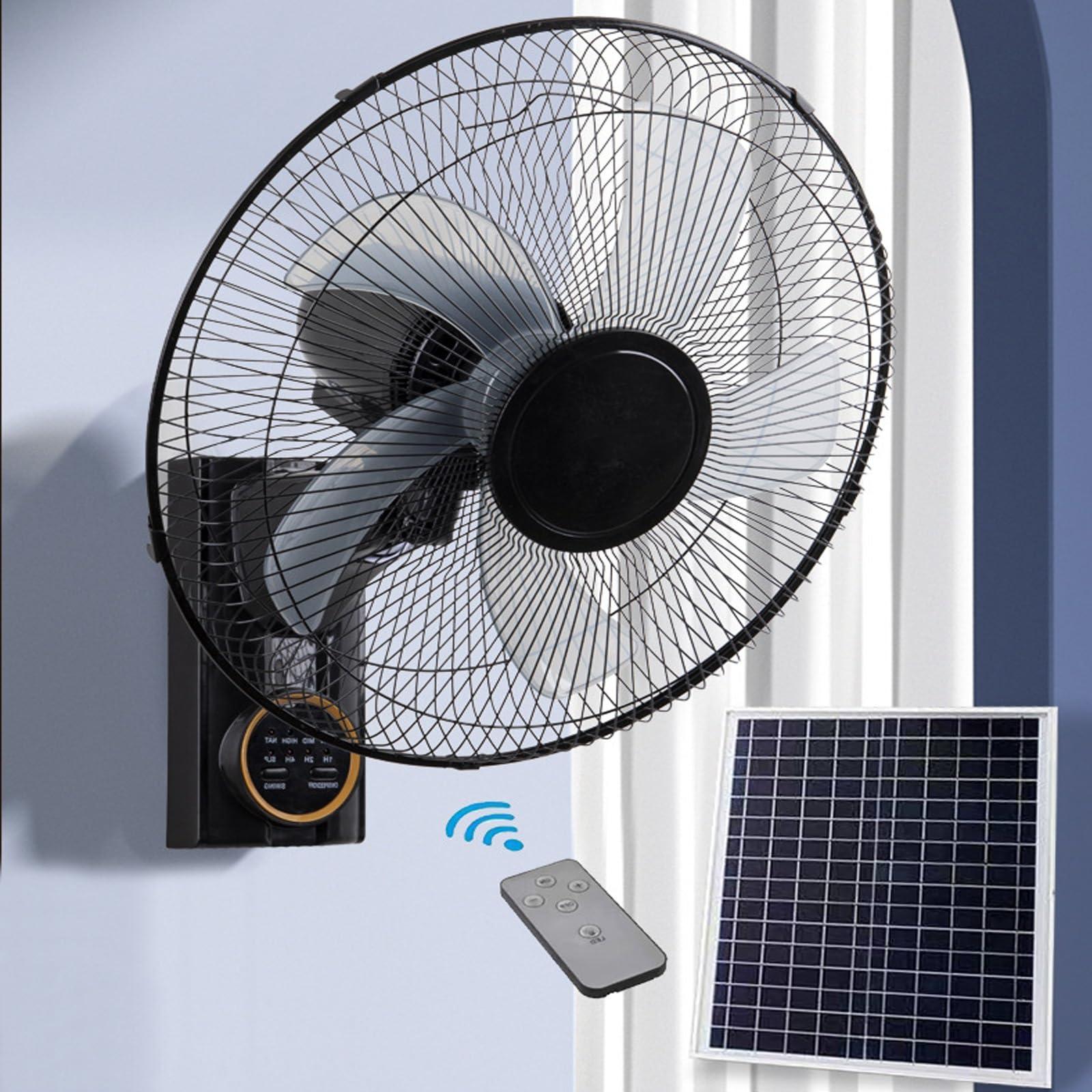 Ventilador Portátil De Carga Solar, Ventilador De Pared con 3 Velocidades, con Mando A Distancia Temporizador Y 3 Velocidades Potente con 5 Aspas Y Hélice