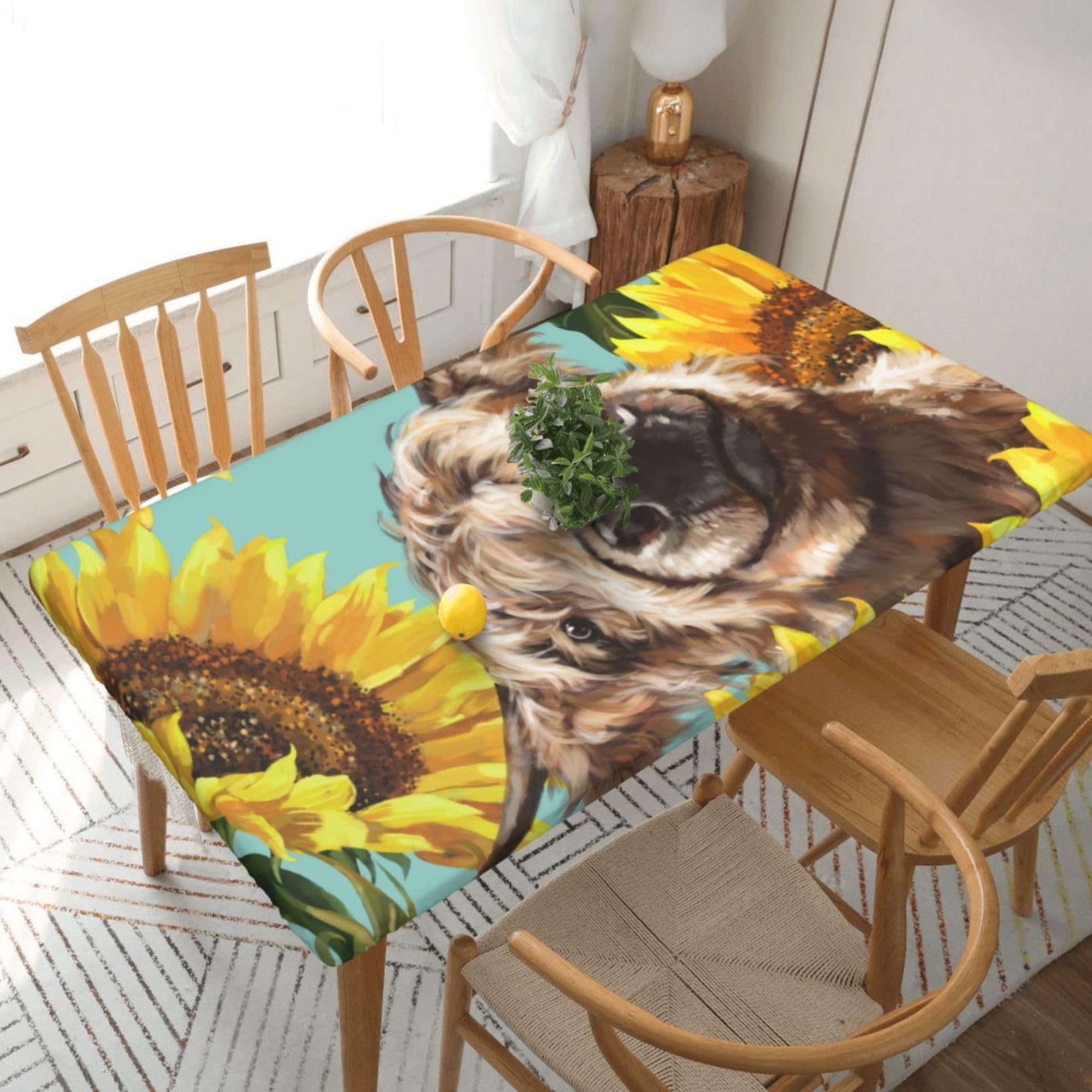 BNVSADC Cow with Sunflowers in Blue Printed 5FT Tablecloth Polyester Kitchen Water Resistant Table Cloth Dining Table Decoration Table Covers, 152x76 CM