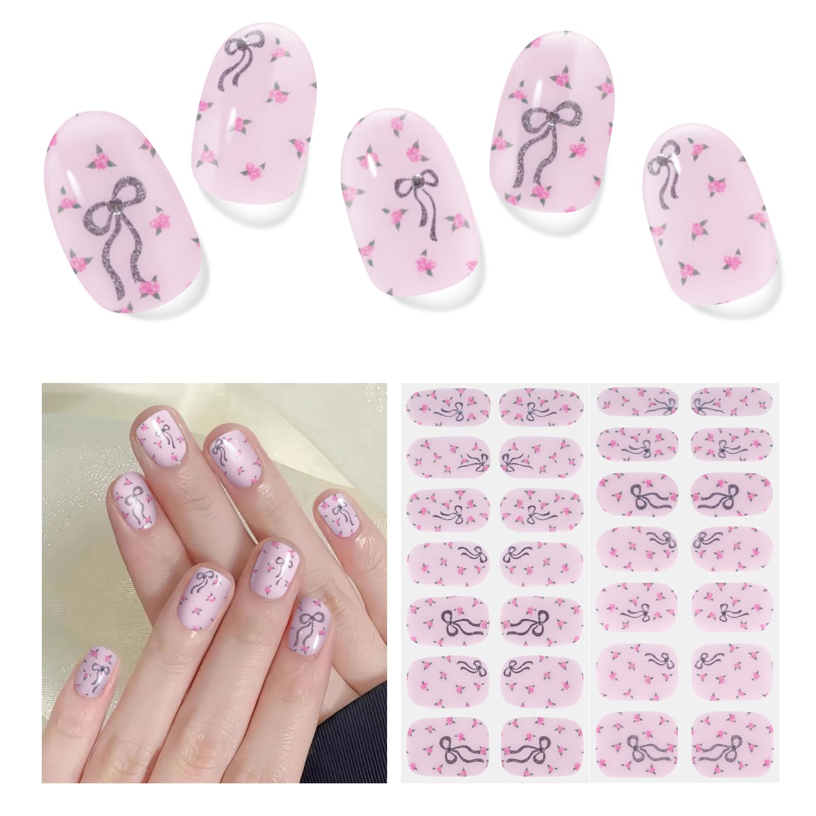 Nagelfolie UV Härtend - 28 Stück UV Gel Nagelfolien Selbstklebend süße Schleife Nail Sticker Art Stickers DIY für Damen (Schleife Rosa)