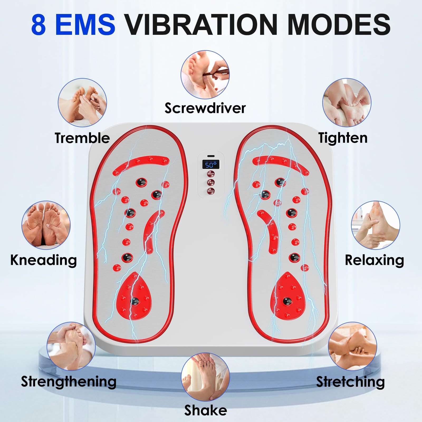 Massaggiatore per Piedi, EMS Massaggio Piedi, Massaggiatore Plantare con Riscaldamento e Magneti 8 Modalità e 20 Intensità, Massaggia Elettrico per Muscolare