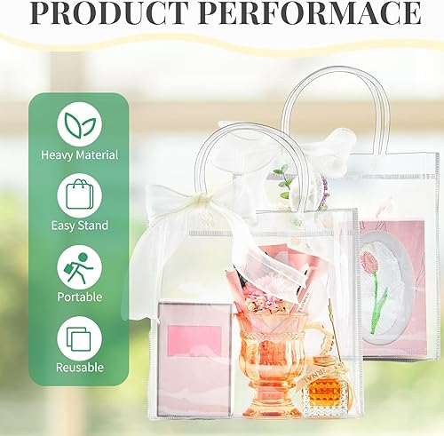 Miniatura 3 de CLUEWR Paquete de 16 bolsas de regalo transparentes con asa, bolsas reutilizables de plástico PVC para regalo con cinta, bolsas de regalos de