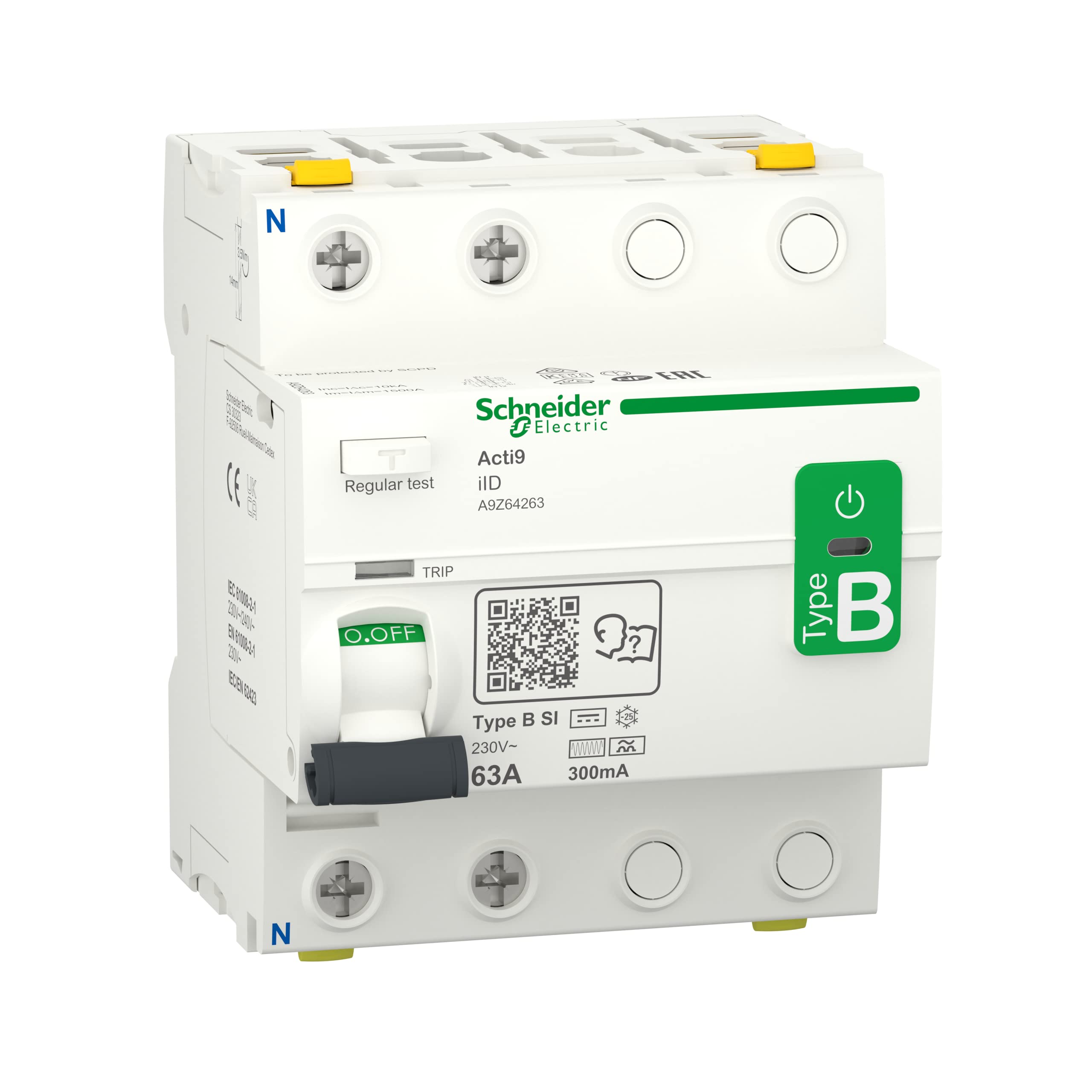 Schneider Electric - Acti9 iID - interrupteur différentiel - 2P - 63A - 300mA - type B - SI - 400V - A9Z64263