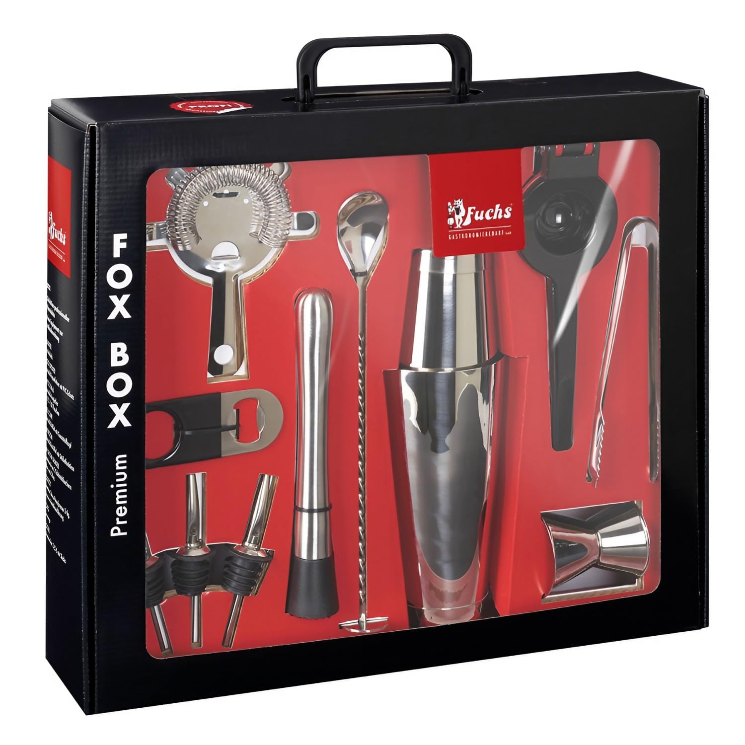Set Cocktail Fox Box 12 Pezzi Professionale - Shaker Tin on Tin, Heavy Strainer, Maxi Jigger, Muddler Caipi, Zanga Ghiaccio, Pressa Lime, 3 Ausgießer - Scatola Regalo 41x35cm