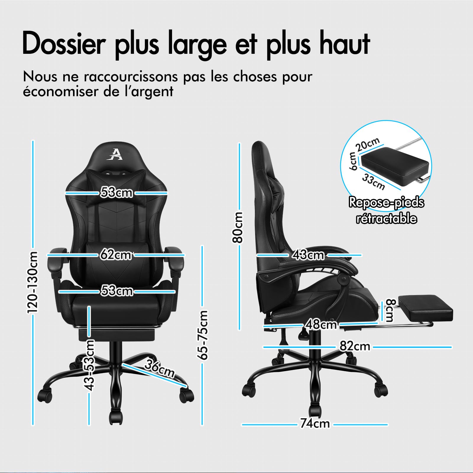 ALFORDSON Chaise de jeu massante avec LED, ergonomique, inclinaison de 150°, repose-pieds escamotable, en similicuir PU, hauteur réglable, capacité 180 kg, Noir
