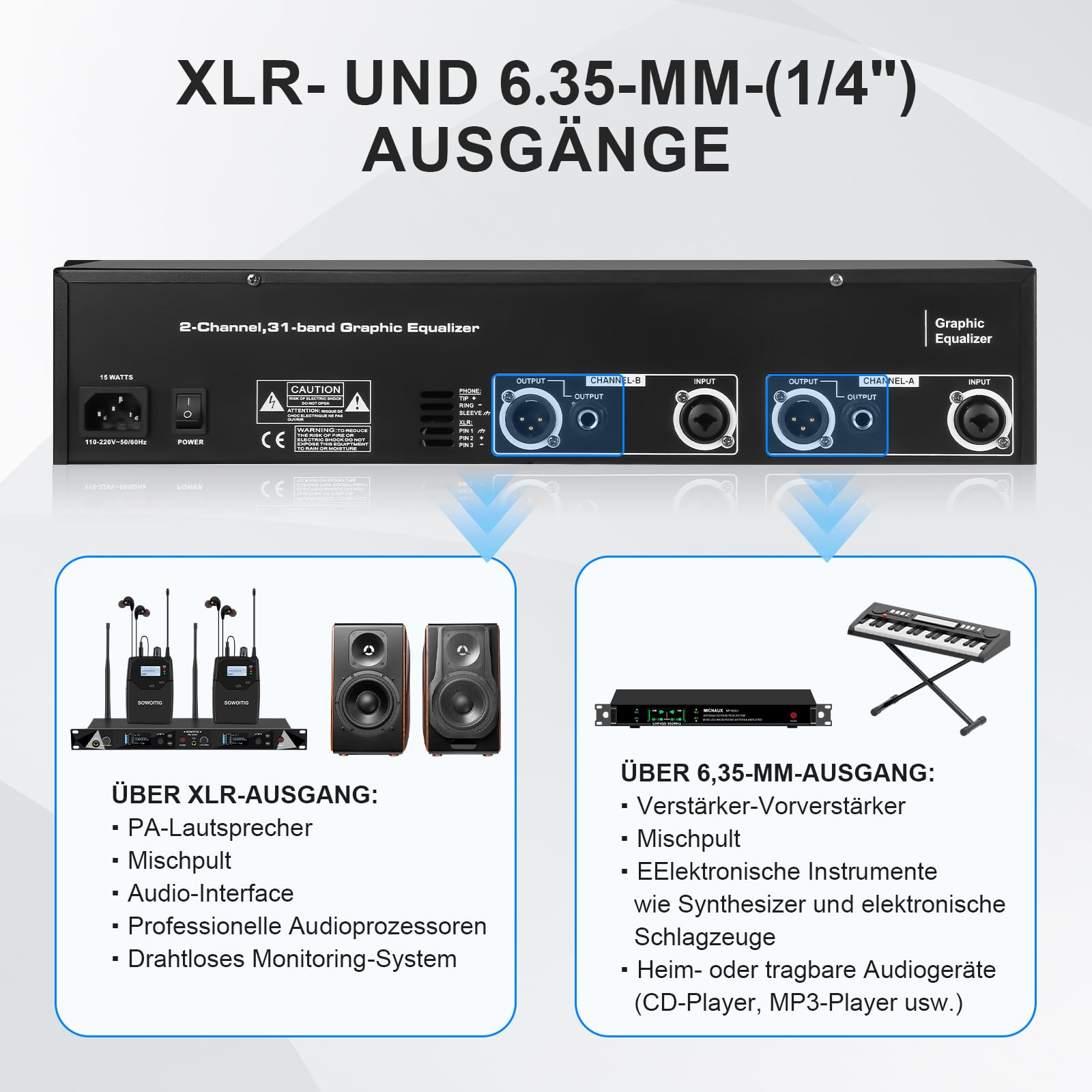 31-Band Stereo Equalizer, Dual Channel Grafik-Equalizer für Audioanlagen | Professionelle Klangsteuerung mit 31 Bändern pro Kanal, verbessert Klarheit und Balance für Live- und Heim-Audio