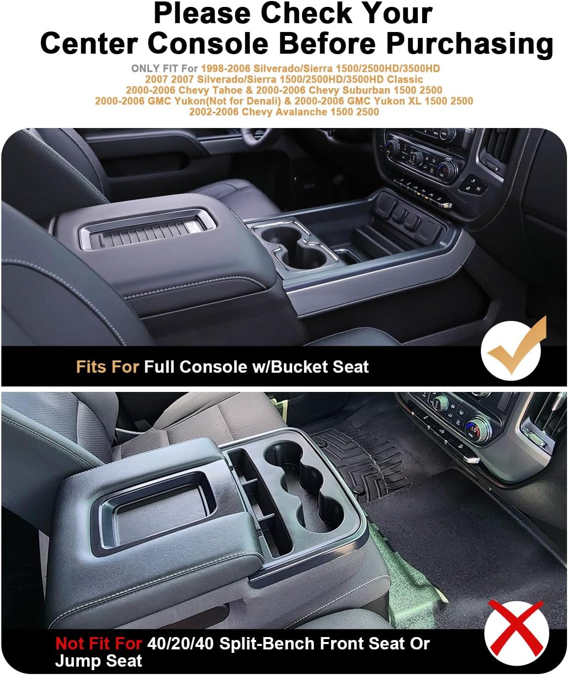 Center Console Organizer For 2014-2018 Silverado 1500/Sierra 1500 Armrest Organizer 2015-2019 Silverado/Sierra 2500HD/3500HD&2015-2020 Tahoe/Suburban/Yukon Accessories Full Console w/Bucket Seat ONLY