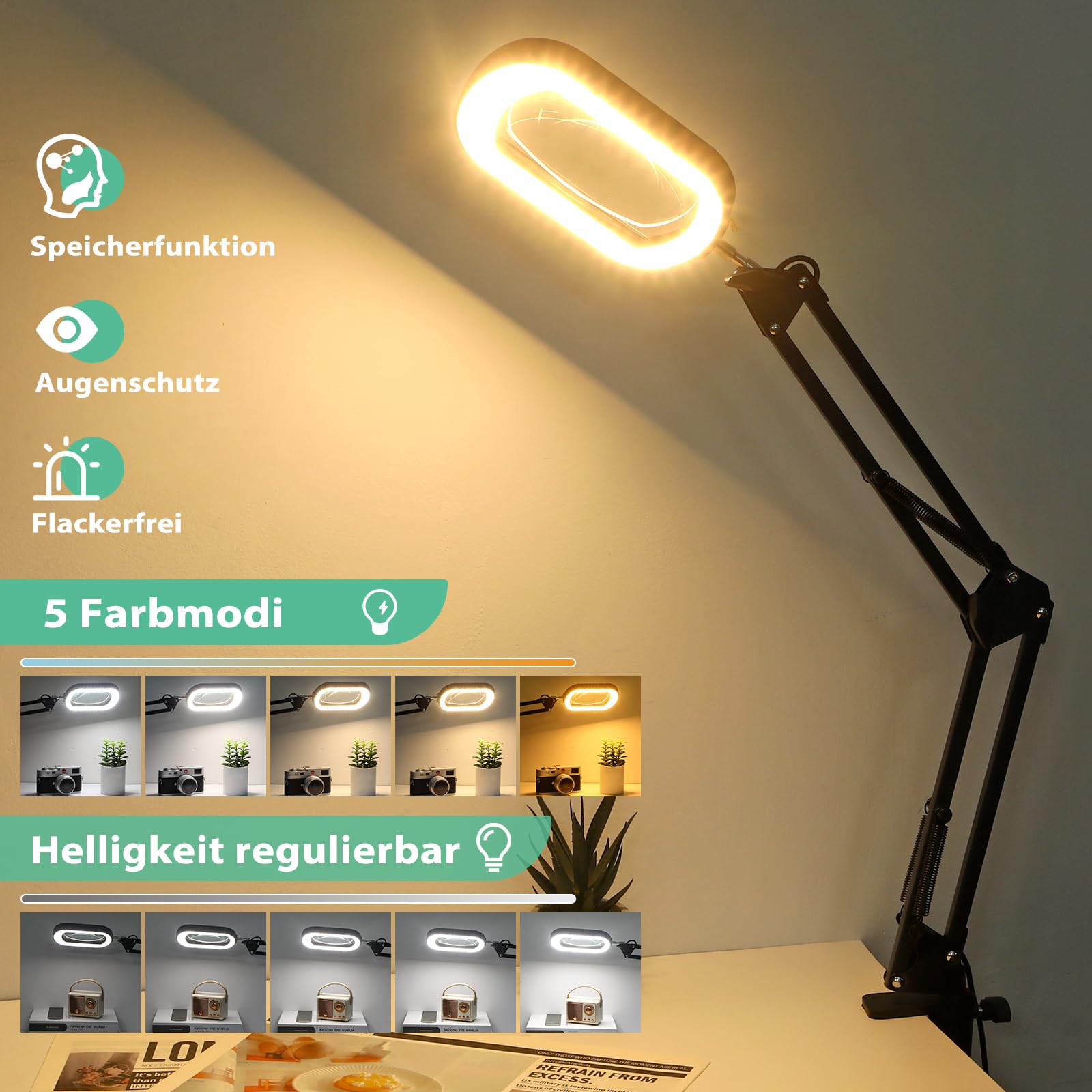 Drdefi 12X Lupe mit Licht und Klemme, Echtes Glas Ständer-Beleuchtung Lupe, 5 Farbmodi und stufenloser Dimmbarkeit LED Schreibtischlampe Freihändige für Handwerk Hobbys Lesen Malen Nähen und Naharbeit