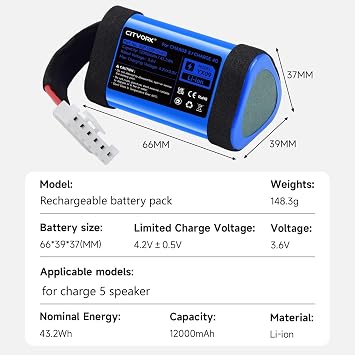 CITYORK 12000mAh GSP-1S3P-CH4D Replacement Battery for Charge 5 Bluetooth Speaker, High-Performance Rechargeable Charge 5 Battery (Not for Charge 4)