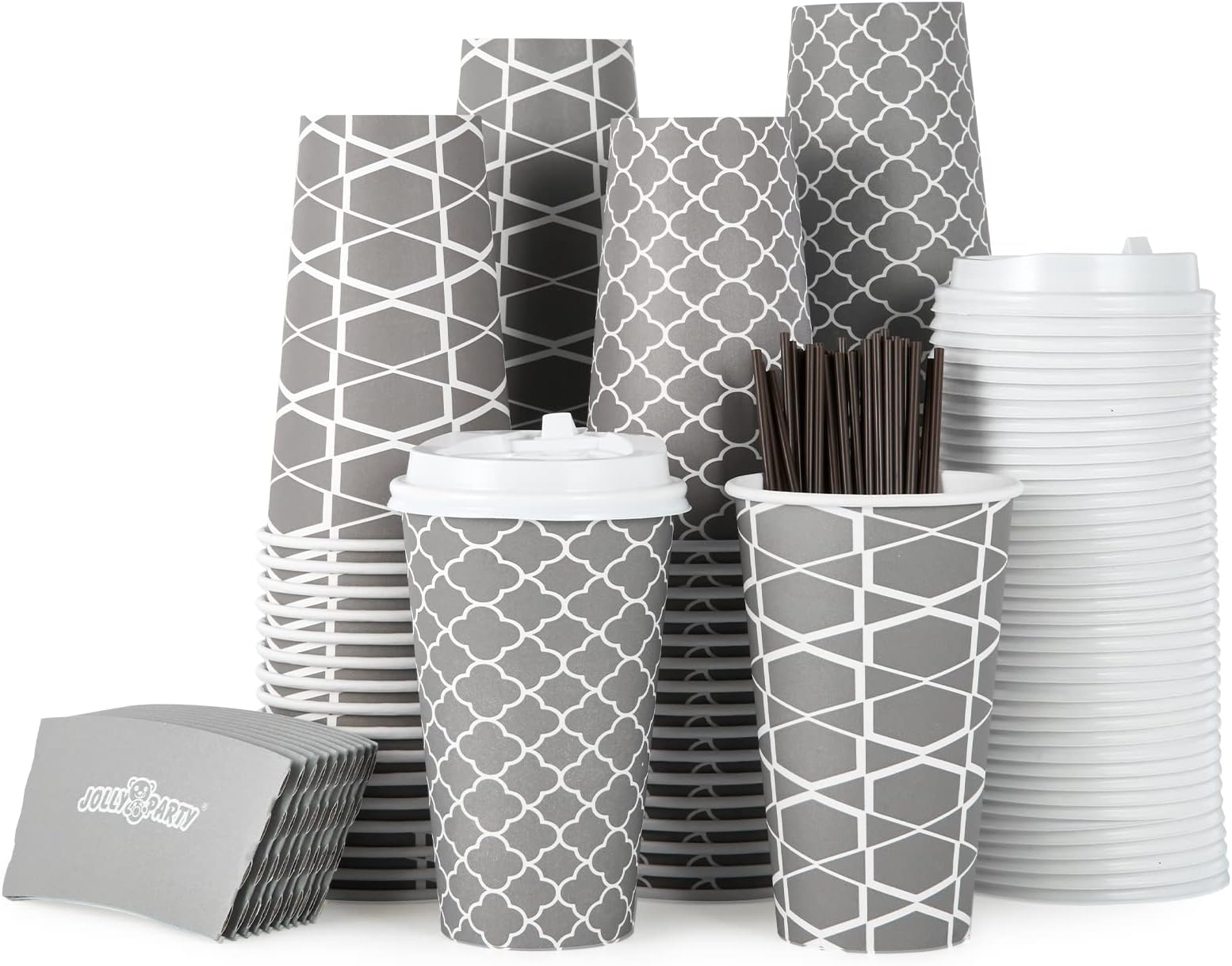 JOLLY PARTY [100 Sets] 16 oz Paper Coffee Cups, Disposable Coffee Cups with Lids, Sleeves and Straws, Hot Cold Beverage Drinking Cup for Water, Coffee or Tea, To-Go Cup Suitable for Office and Travel
