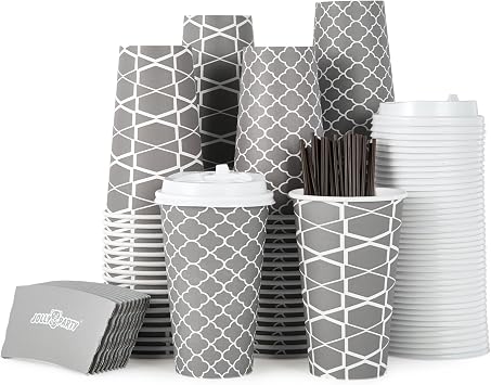 JOLLY PARTY [100 Sets] 16 oz Paper Coffee Cups, Disposable Coffee Cups with Lids, Sleeves and Straws, Hot Cold Beverage Drinking Cup for Water, Coffee or Tea, To-Go Cup Suitable for Office and Travel