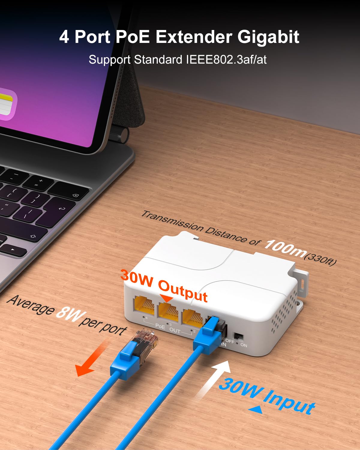 VIMIN Extendeur PoE Gigabit 4 Ports, 1 in 3 Out Répéteur PoE Intérieur Compatible IEEE802.3af/at + 1000 Mbps, Montage Mural et sur Rail DIN, Distance de Transmission de 100 m (328 pi), Plug & Play
