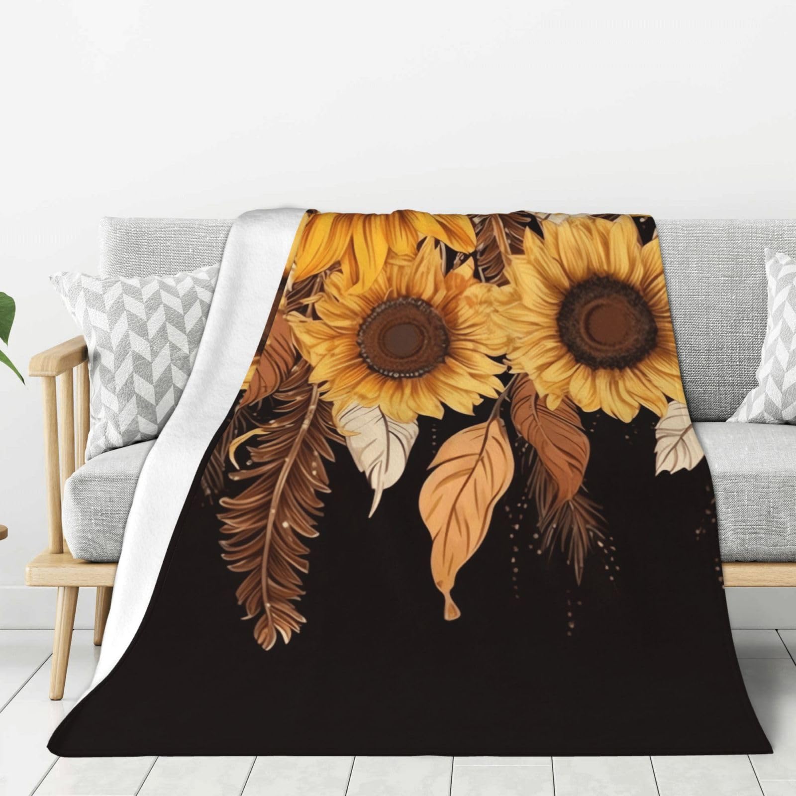 Sunflowers with Feather Throw Blanket Plush Flannel Fleece Blanket, Soft Lightweight Cozy Blankets 60"X50" for Bed Couch Sofa Travel