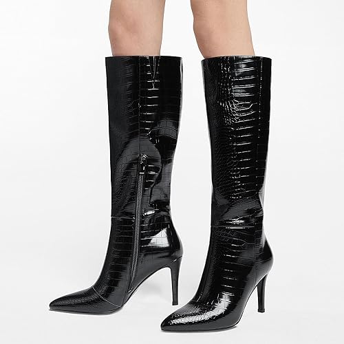 Miniatura 2 de Modatope Knee High Boots Women Tall Boots Pointed Toe Stiletto High Heel Side Zipper Long Boots for Women Faux Crocodile Boots, Not Wide Calf