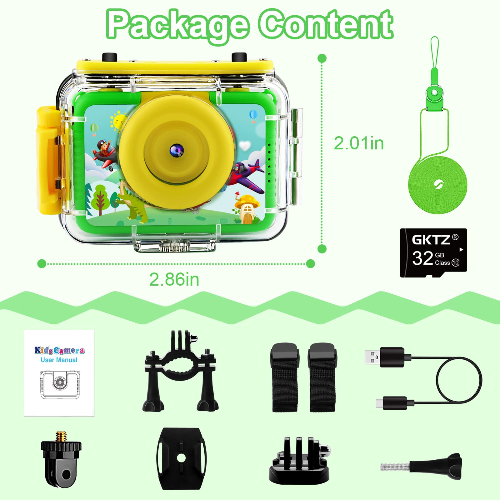 Appareil Photo Enfant GKTZ – Étanche 30m, 1080P, Selfie, Jeux, Carte 32 Go – Cadeau 3-12 Ans