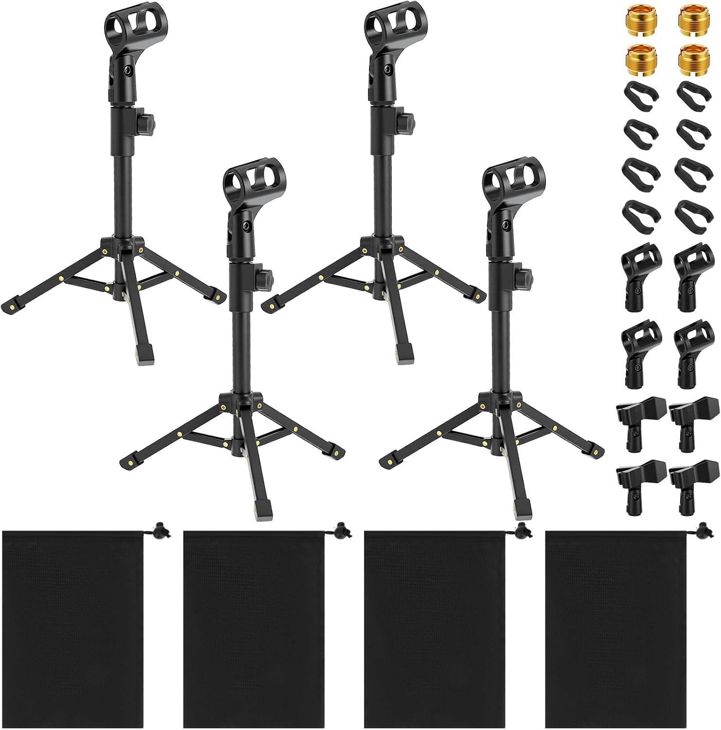 4 Set Desktop Mic Stand Portable Foldable Adjustable Tabletop Microphone Stand Microphone Tripod with Mic Clip, Storage Bag and 5/8" Male to 3/8" Female Screw(Stylish,10.63''-15.35'')