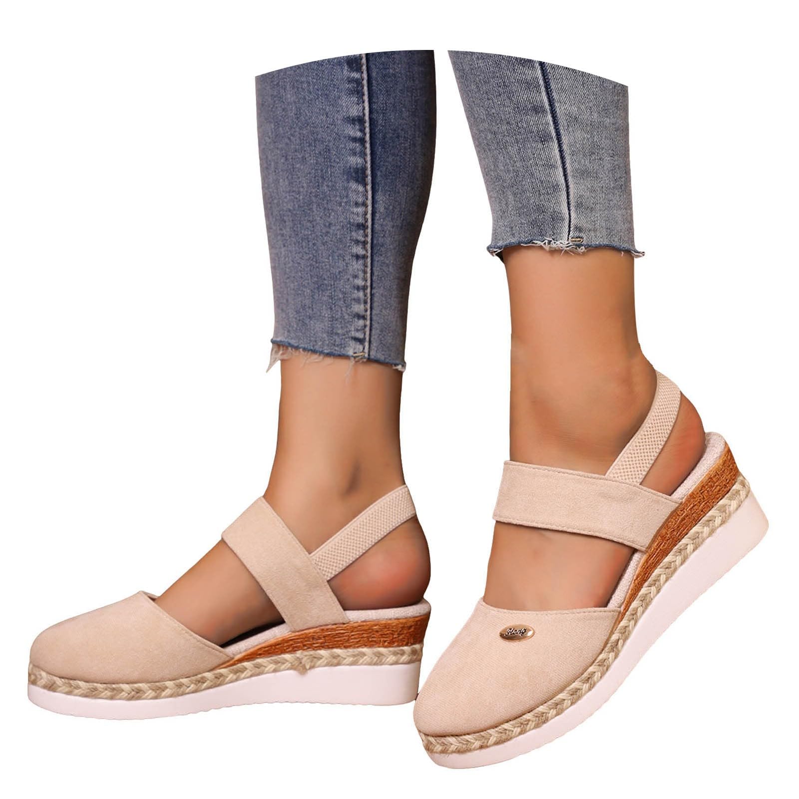 Wedges Sandals for Women Dressy Summer 2026, Elastic Ankle Strap Closed Toe Espadrille Wedge Sandal Dress Faux Suede Platform Wedged Sandals Casual Shoes for Beach Travel Working 9 Beige
