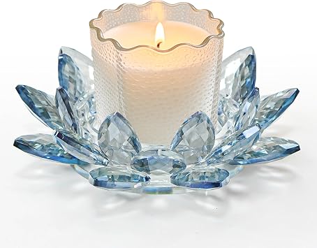 Large Crystal Lotus Tealight Candle Holder for Up to 6" Diameter Pillar Candlestick, Chunky Glass Votive Stand for Wedding, Party, Table Centerpiece Decor and Yoga Meditation 1, Blue