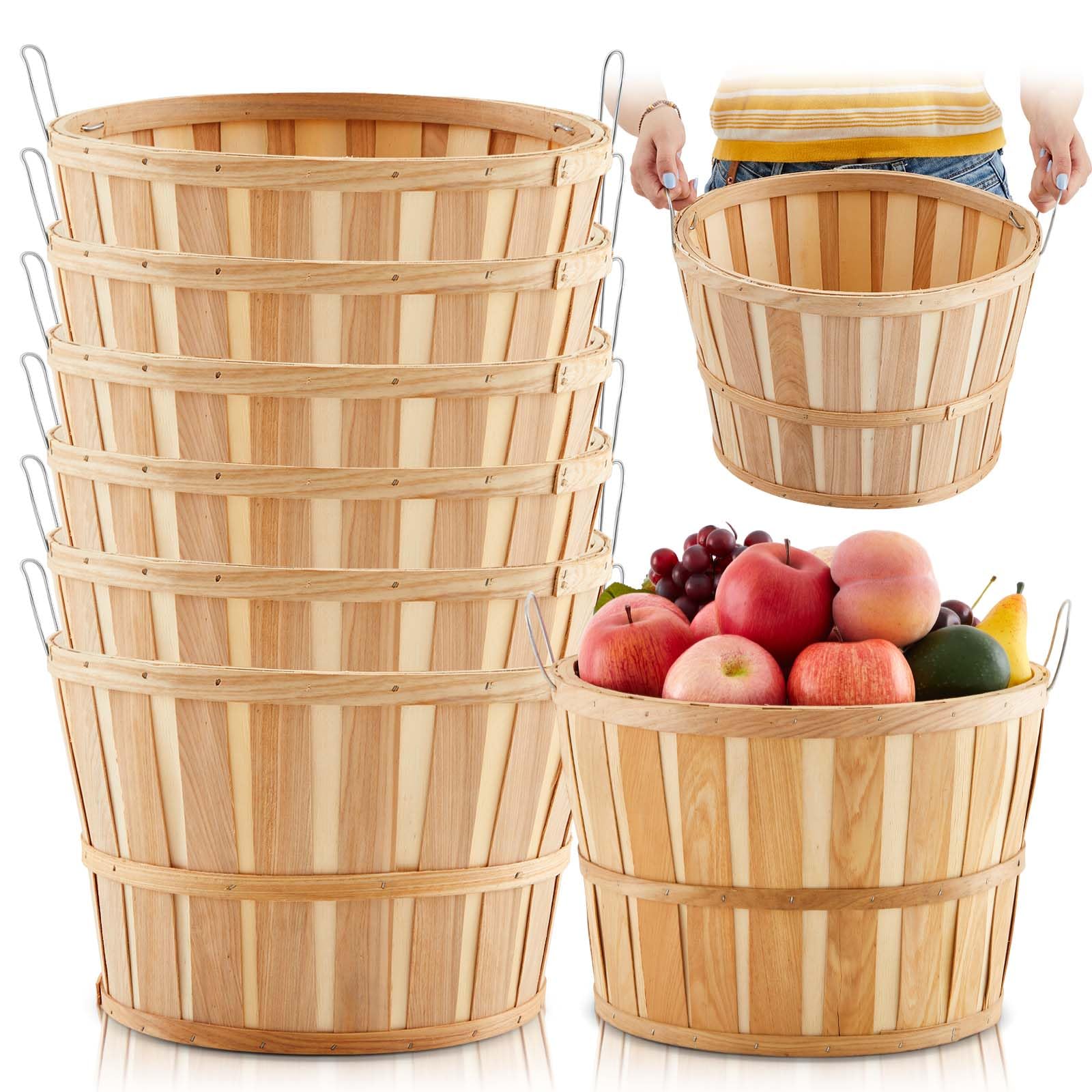 Marsui 6 Pcs Jumbo Half Bushel Baskets Large Round Wooden Baskets with Handles Apple Basket 14 x 9.5 in Handcrafted Produce Baskets for Farmers Market Fall Harvest Fruit Personal or Commercial Use