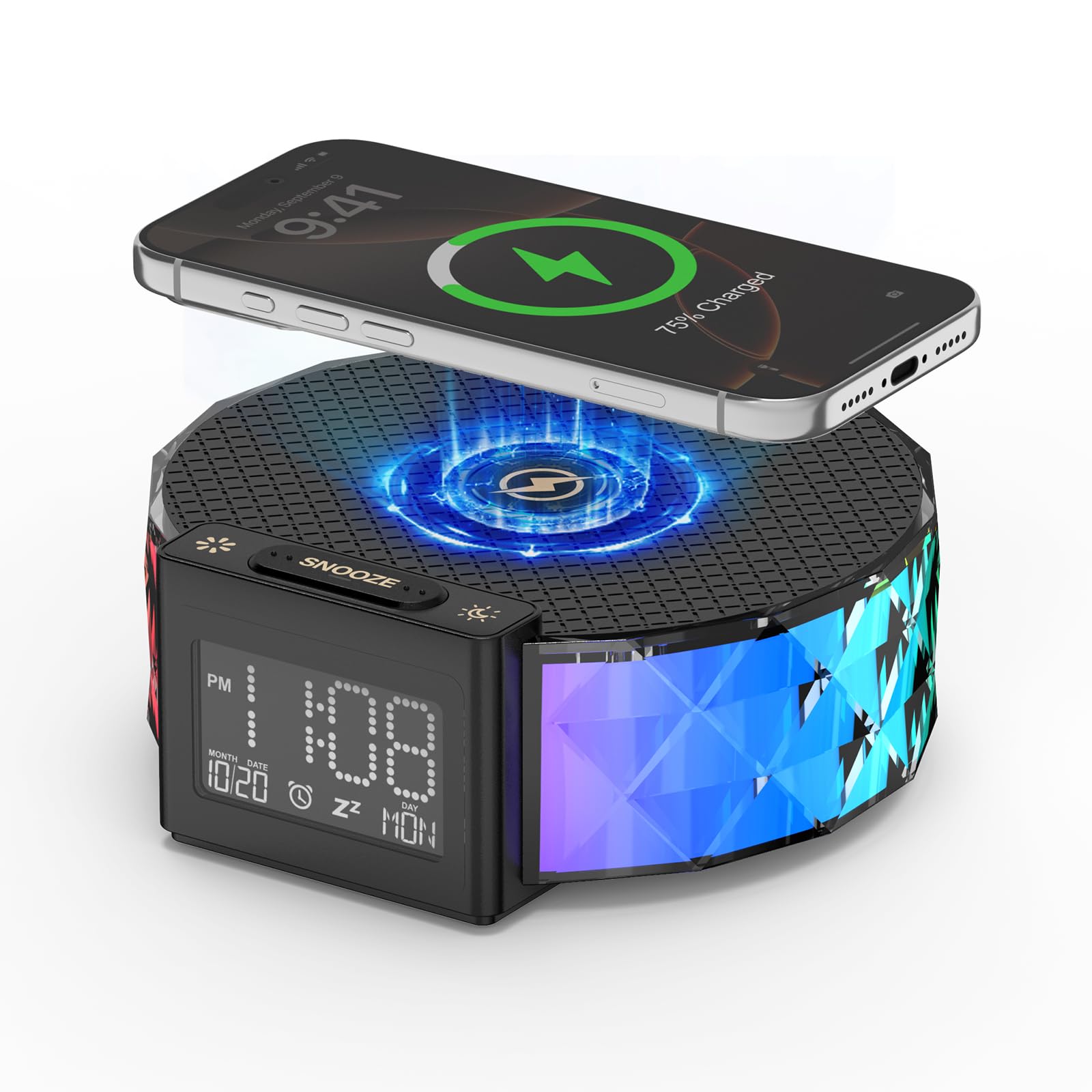 Smiling Shark Lampada Sveglia, Intelligente Sveglia Luce Ricarica Wireless con Timer Snooze Controllo Touch 3 Luminosità e Effetto RGB Wake Up Light Alarm Clock Charger per Comodino