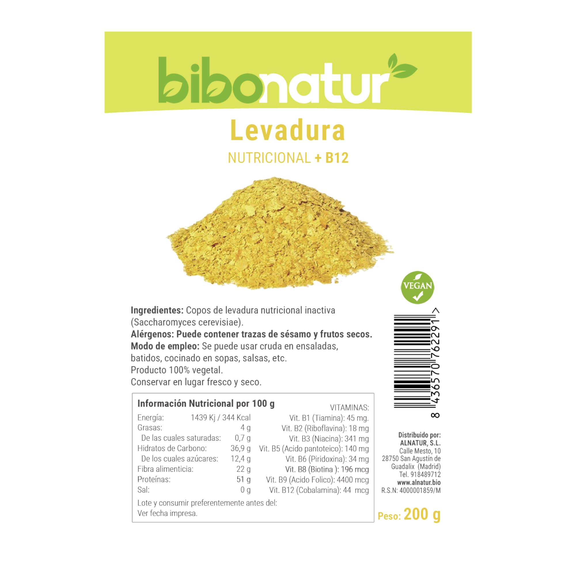 Bibonatur Levadura Nutricional con Vitamina B12 – en Copos 200gr - Producto vegano - Superalimento Antioxidante