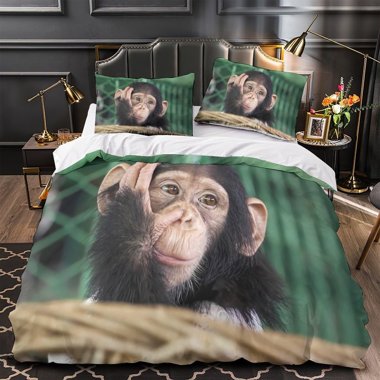 Housse de Couette Chimpanzé 3D en Microfibre Facile à Enfiler avec Fermeture Éclair