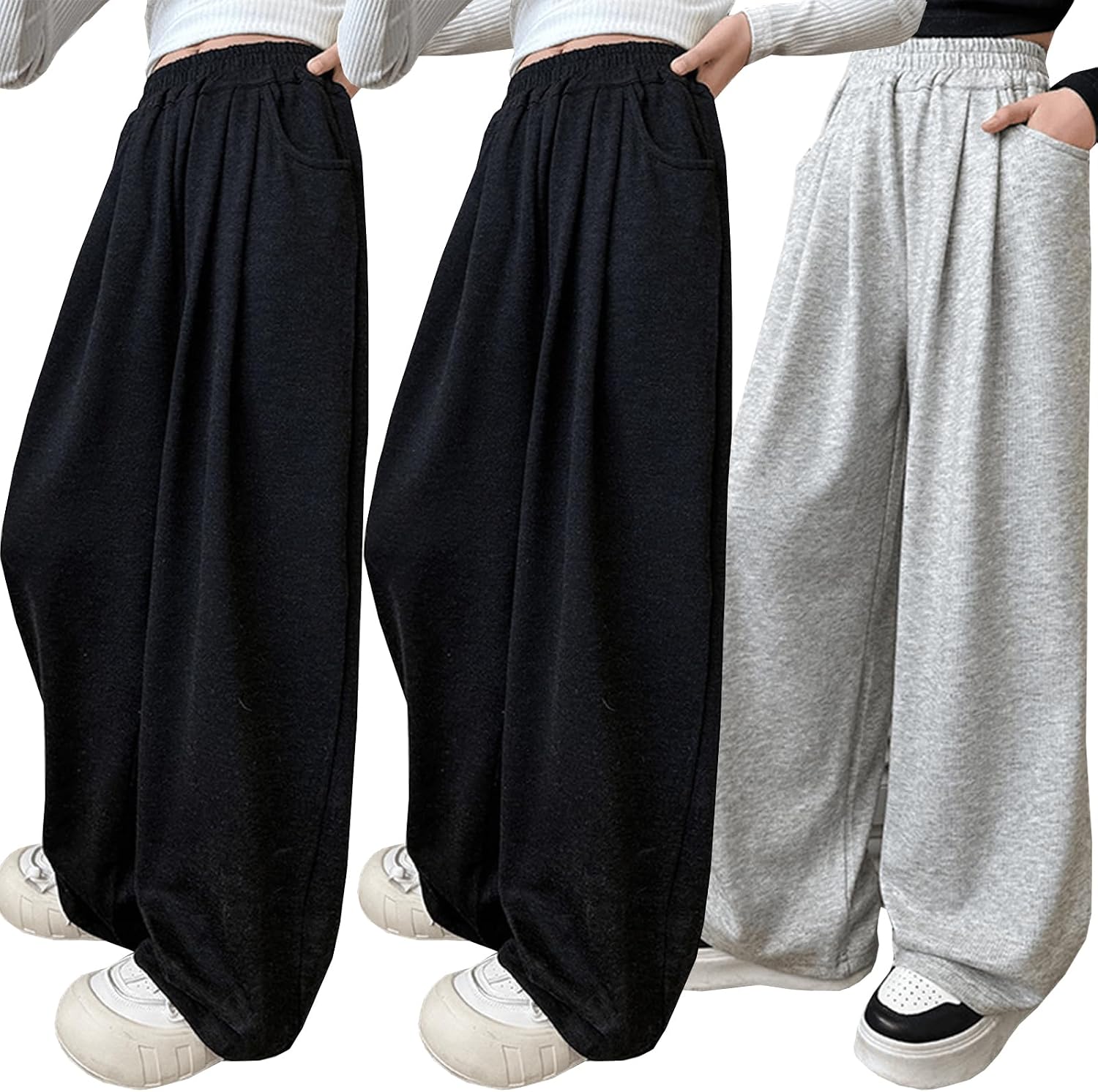 Girls Wide Leg Sweatpants Elastic Waist Casual Baggy Sweat Pants Kid Girls Loose Pull On Pants with Pockets 5-14Y