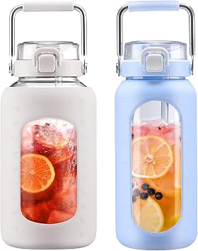 BLUEGO 84oz and 64oz Glass Water Bottles Bundle84 White + 64 Light Blue with Straw and Stainless Steel Handle, Large Water Bottle with Sleeve, Half Gallon Water Jug, Glass Water Container, BPA Free