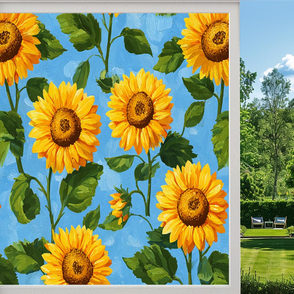 Colorful Sunflowers Frosted Window Film, Spring Floral Plants Stained Glass Privacy Film, Heat Insulation Self-Adhesive Vinyl for Bathroom Office,（45x100cm）