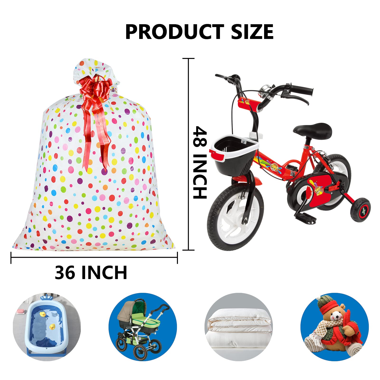 2 Pcs Large Gift Bags Oversized Plastic Storage Bags 48"x 36" with 2 Pcs Pull Flowers for Huge Big Gifts Presents Wrapping Kids Bicycle Bike Goodie Bags, Birthday, Party, New Parents Baby Shower