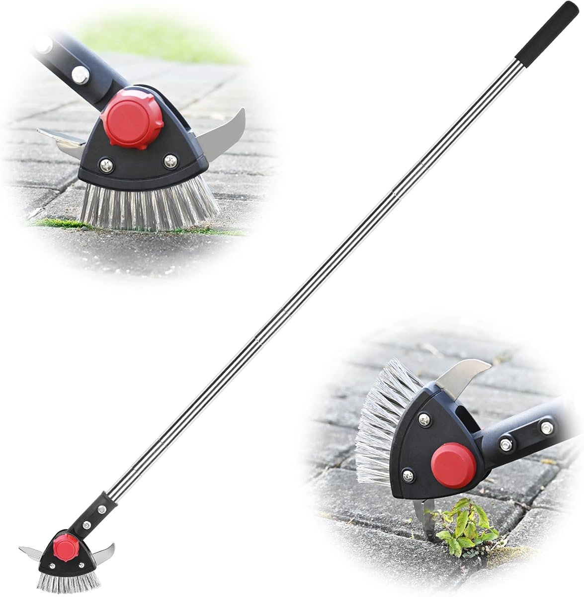 BARAYSTUS Weed Remover Tool, 3-in-1 Garden Crack Weeder with Metal Brush, Curved Triangular Scraper, Long Adjustable Ergonomic Handle for Easy Patio, Sidewalk & Driveway Moss & Weed Removal