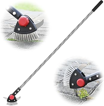 BARAYSTUS Crack Weeder Long Handle 3-in-1 Adjustable Crevice Cleaning Tool with Stainless Steel Weed Brush with 2 Scrapers Weed Puller Tool for Driveway, Patio Sidewalk to Remove Moss Weeds Dirt
