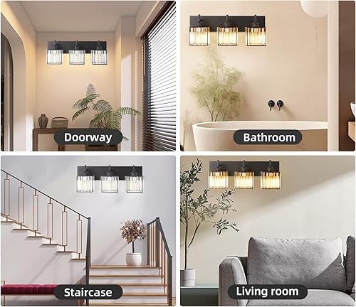Miniatura 8 de SANKERFAN - Luces modernas de cristal para tocador de baño, 3 luces, negro mate, lámpara de pared para sala de estar, pasillo, armario