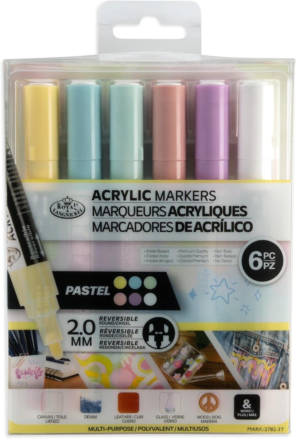 Royal & Langnickel 6 Piece Acrylic Reversible Tip Pastel Markers, 2mm