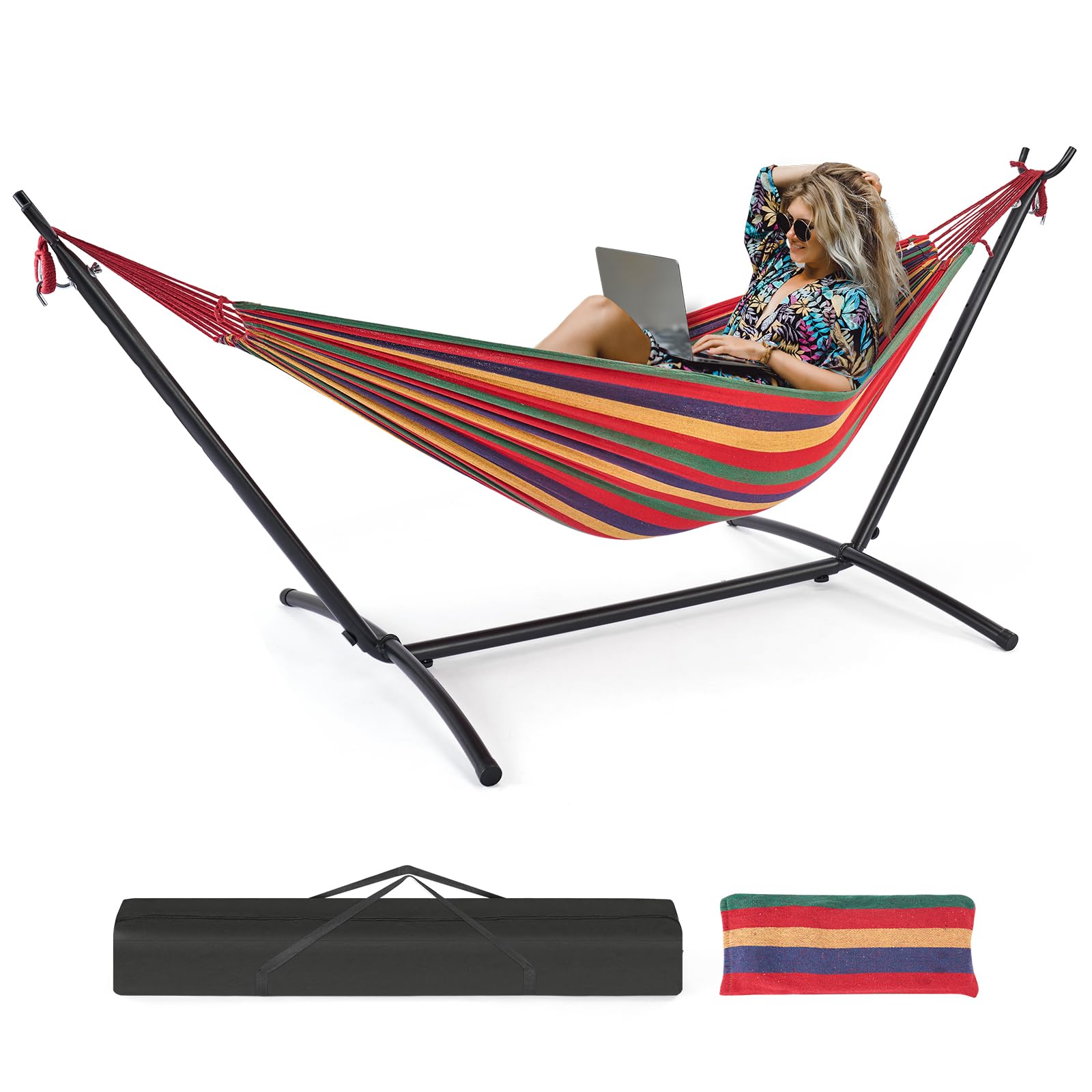 NEWBULIG Double Hammock with Stand, Heavy Duty Portable Hammocks for Outdoor Indoor Patio Camping, Space Saving Design & Carry Bag, Easy Assembly, 450lb Weight Capacity