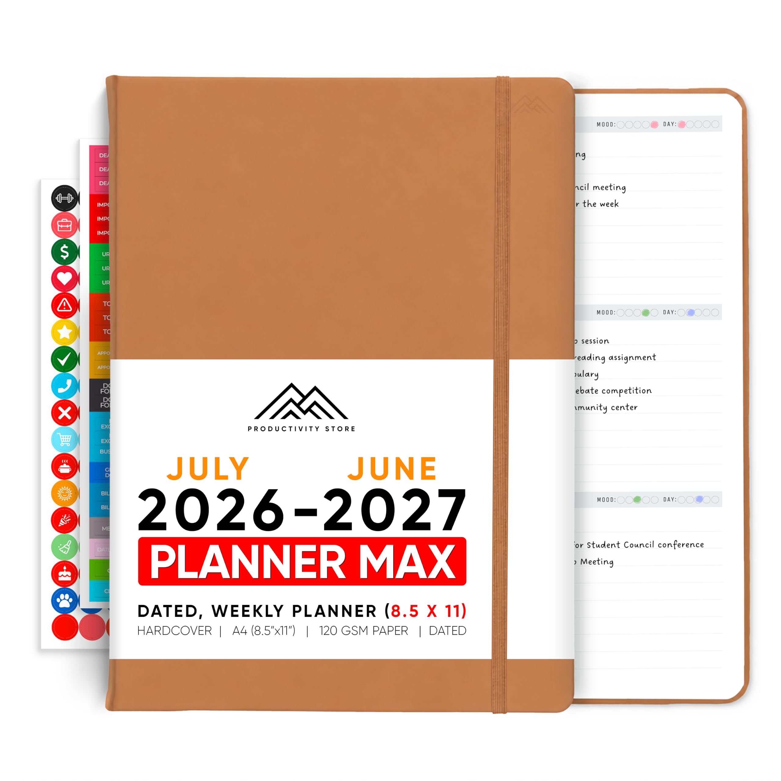 Lipiec 2024-2025 Planer, 8,5 x 11 Pro Max, terminarz produktywności i biznesowy, planer dzienny, planer tygodniowy i miesięczny, skórzany, A4, Productivity Store