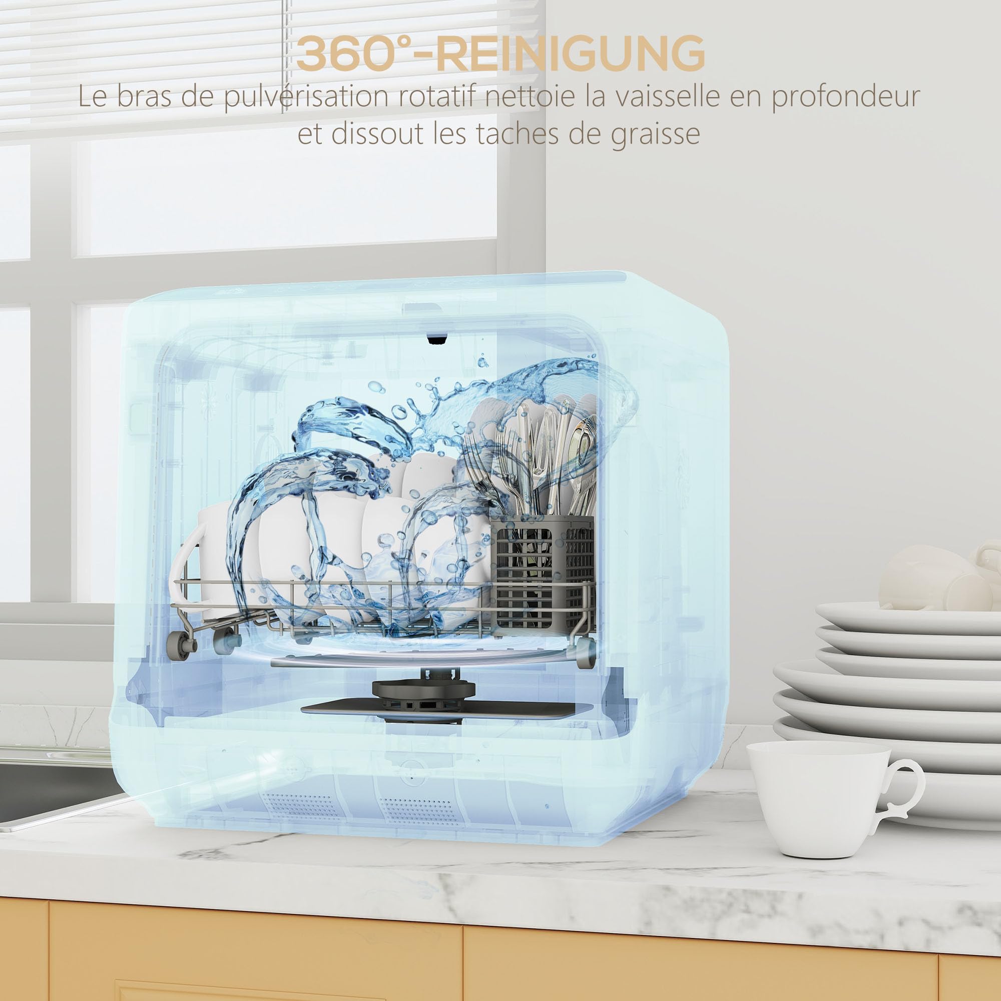 HOMCOM Mini lave-vaisselle compact 4 couverts, lave-vaisselle de table avec 6 programmes, réservoir 6L, écran LED, double alimentation en eau, commande tactile, départ différé et séchage à l'air blanc